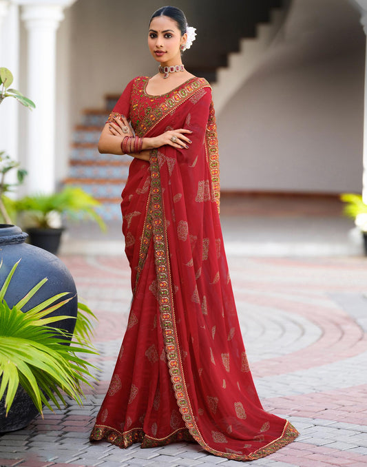 Red Georgette Printed Bandhani Saree