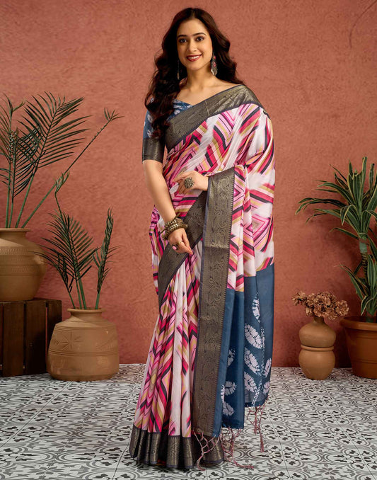 White Tussar Silk Printed Saree