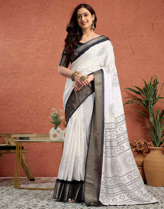 White Silk Printed Bandhani Saree