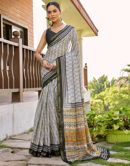 Off White Cotton Printed Saree