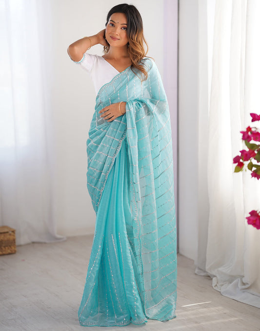 Aqua Blue Shimmer Sequence Embroidery Saree