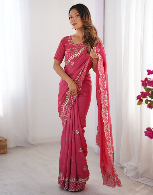 Rose Pink Silk Sequence Embroidery Saree