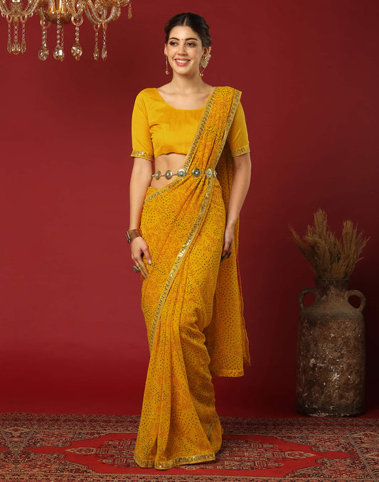 Yellow Georgette Printed Bandhani Saree