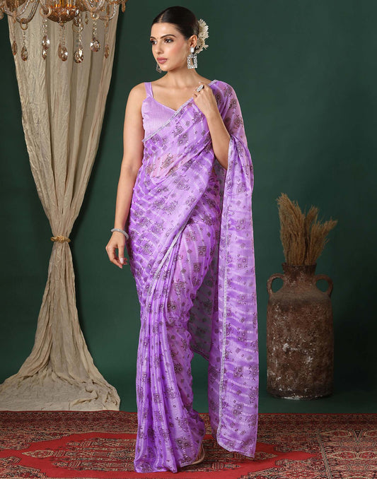 Lavender Georgette Woven Floral Printed Saree