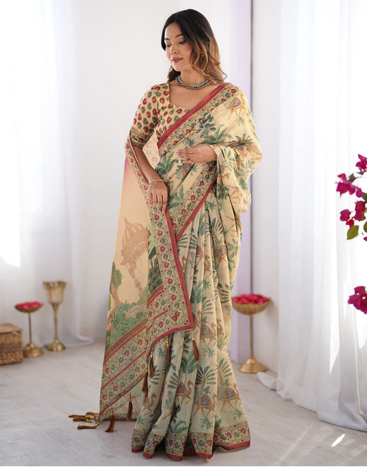 Beige Linen Printed Saree