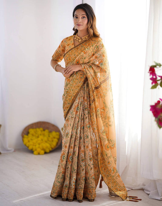 Beige Linen Kalamkari Saree