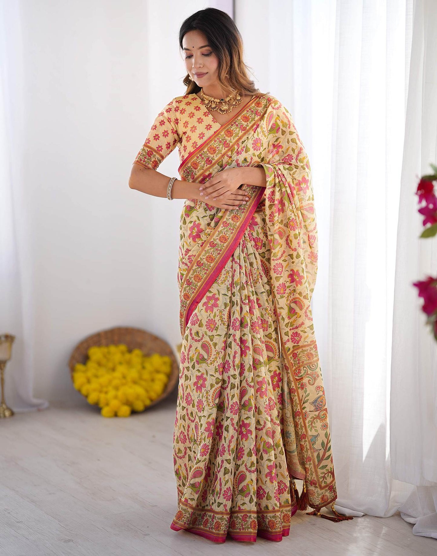 Beige Linen Floral Printed Saree