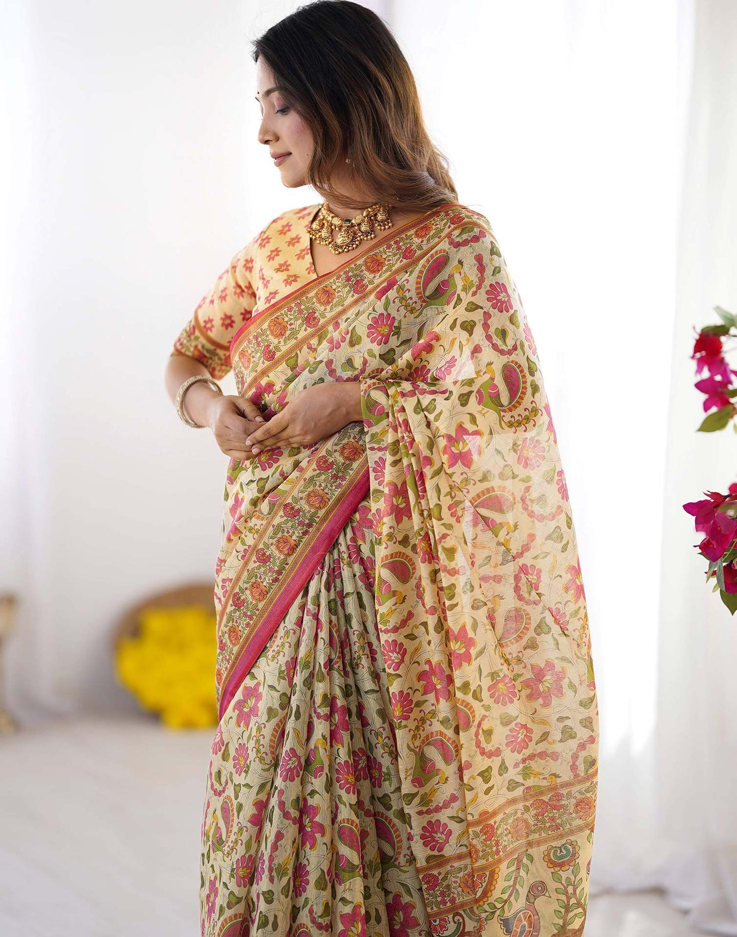 Beige Linen Floral Printed Saree