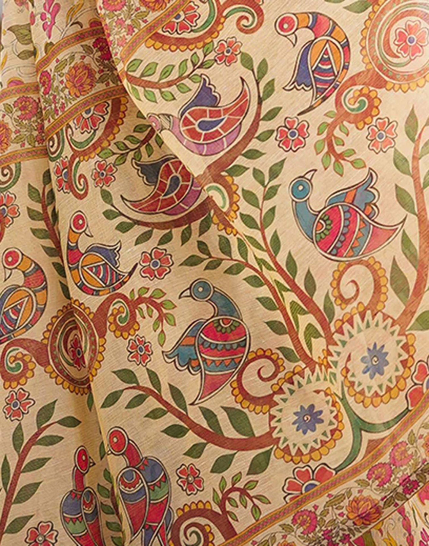 Beige Linen Floral Printed Saree