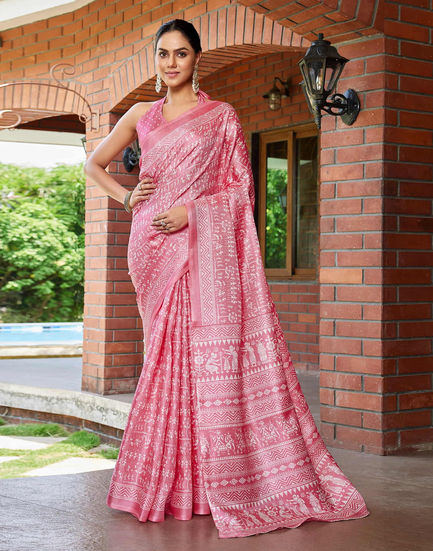 Baby Pink Cotton Blend Warli Printed Saree