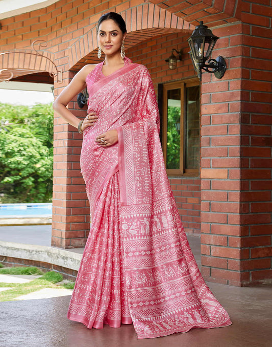 Baby Pink Cotton Blend Warli Printed Saree