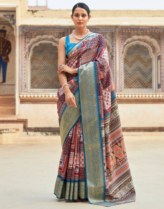Wine Dola Silk Printed Saree