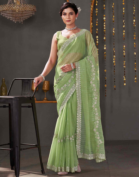Light Green Organza Sequence Embroidery Saree