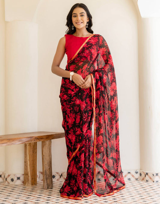 Black Chiffon Floral Printed Saree