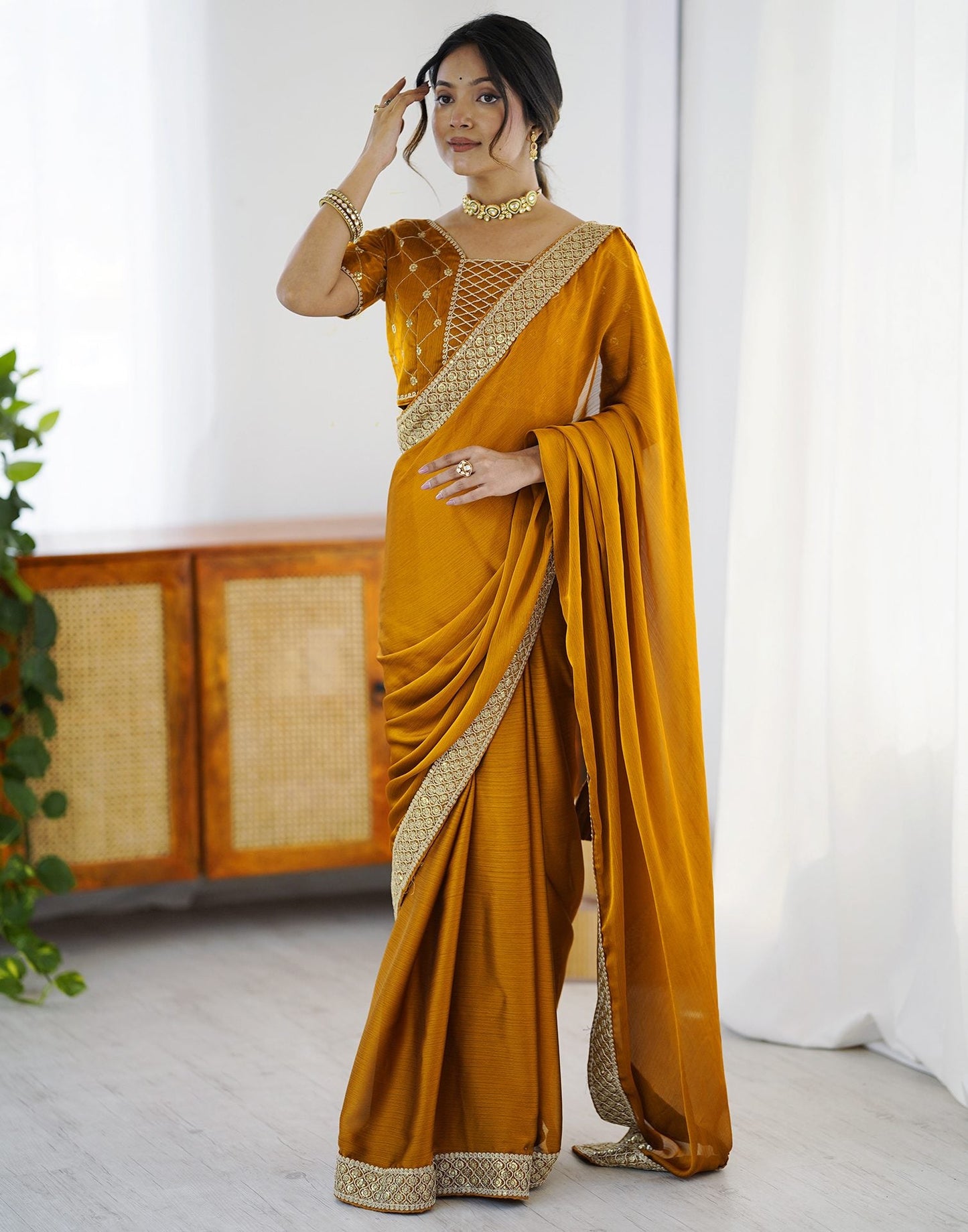 Yellow Chiffon Embroidery Lace Saree