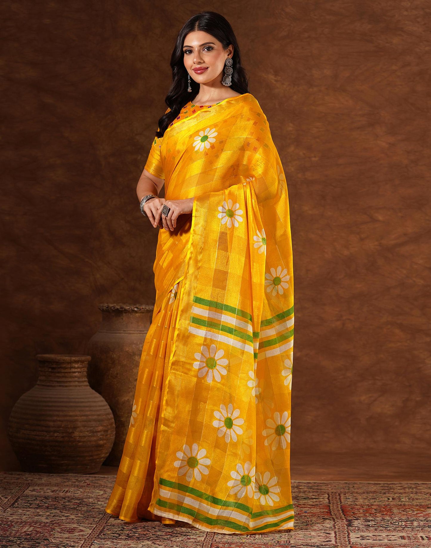 Yellow Silk Floral Printed Saree