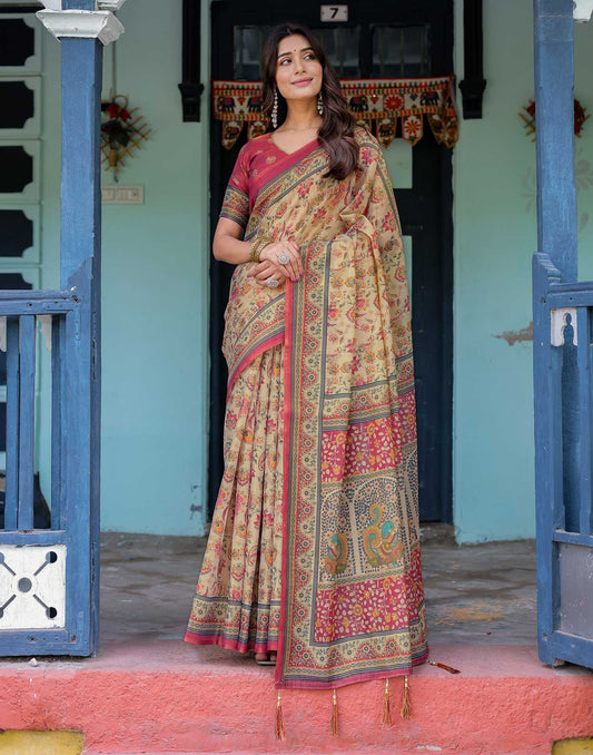 Beige Shimmer Silk Printed Saree
