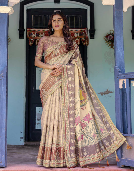Beige Shimmer Silk Printed Saree
