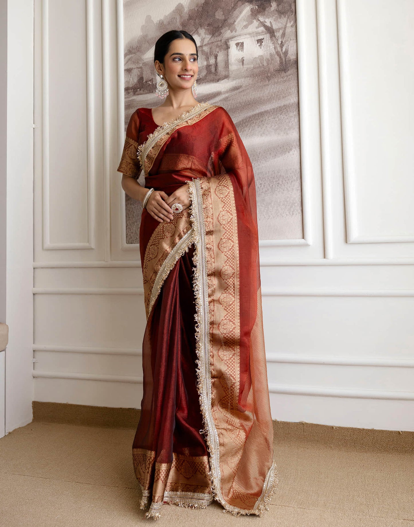 Dark Red Shimmer Woven Saree