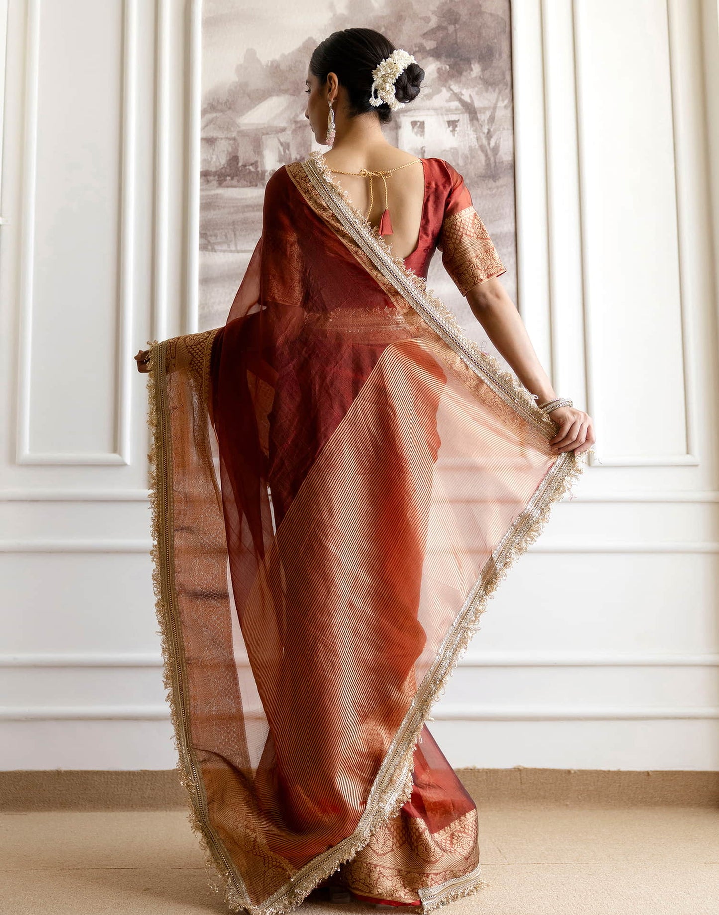 Dark Red Shimmer Woven Saree