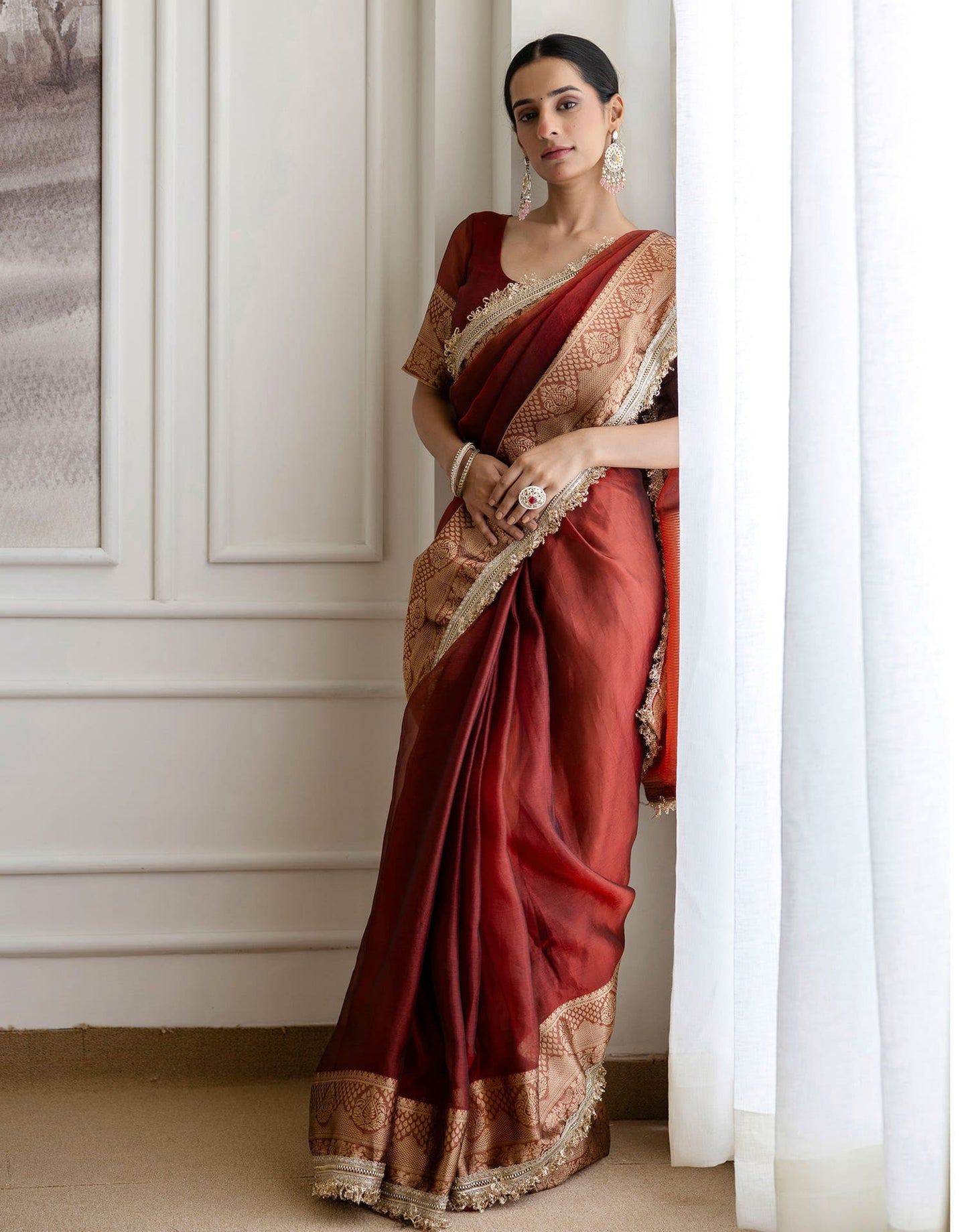 Dark Red Shimmer Woven Saree