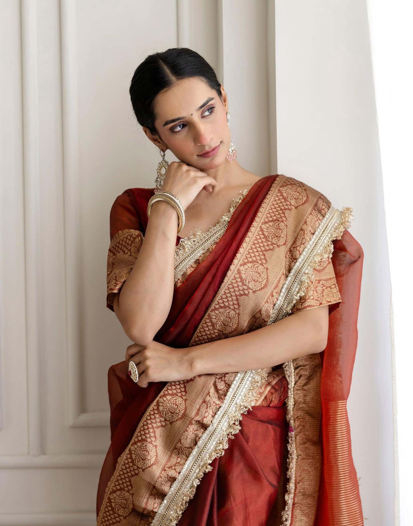 Dark Red Shimmer Woven Saree