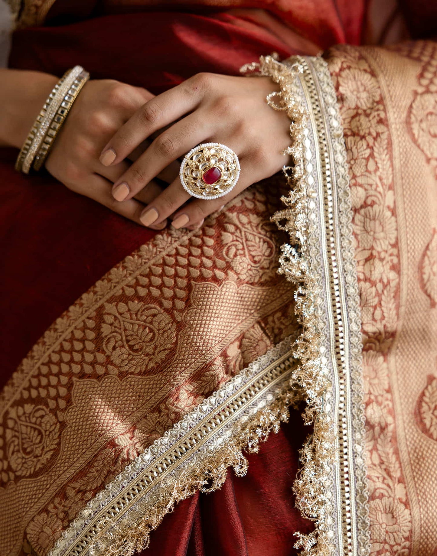 Dark Red Shimmer Woven Saree