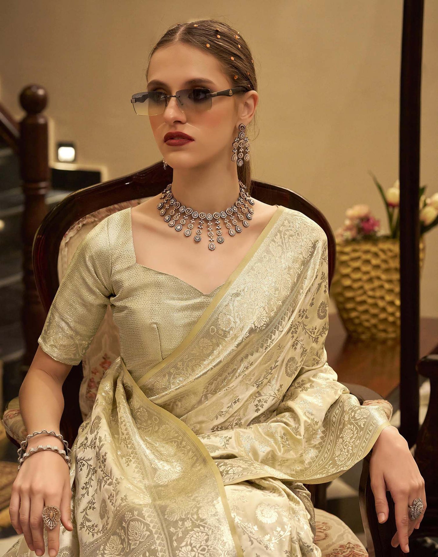 Beige Satin Woven Banarasi Saree