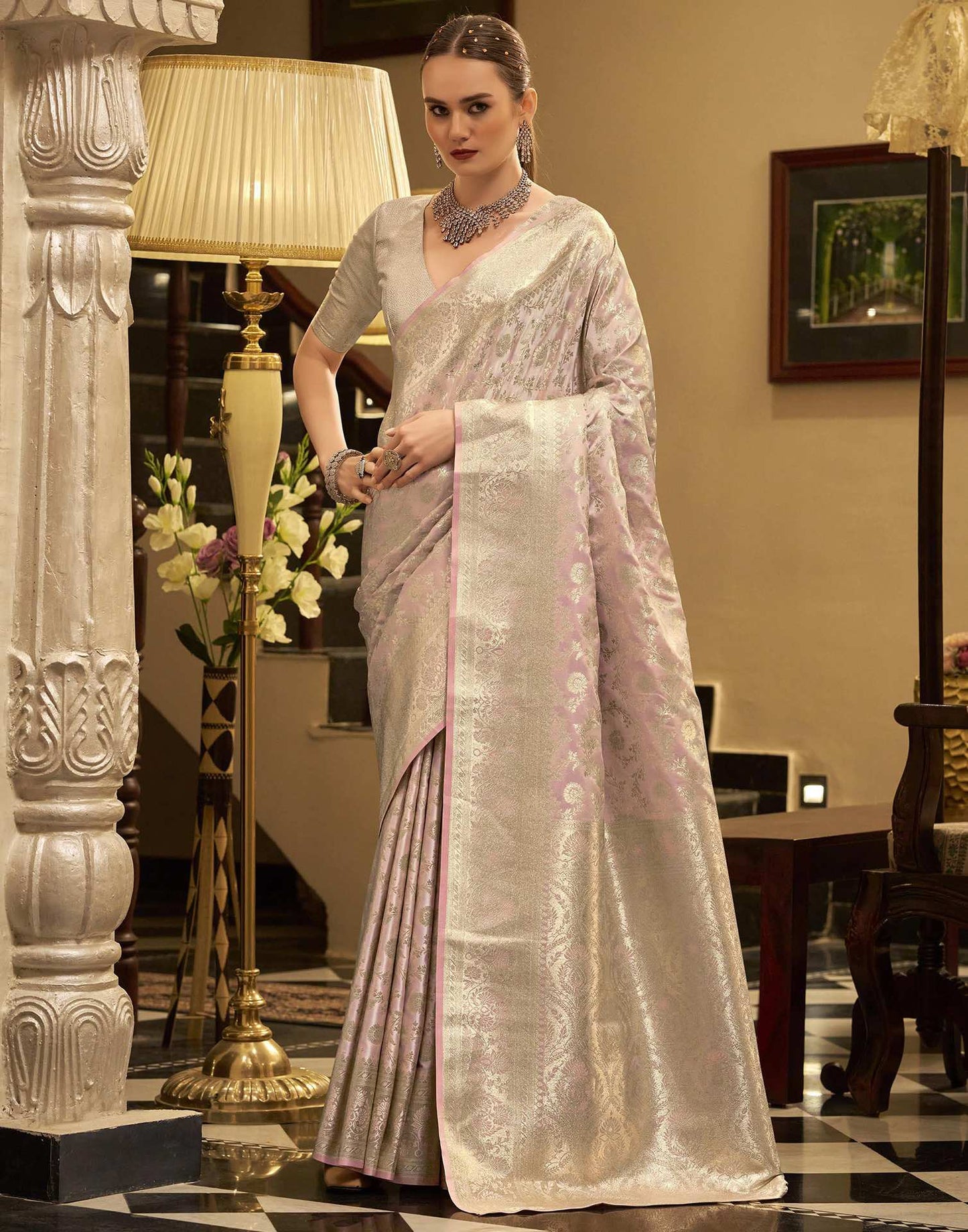 Baby Pink Satin Woven Banarasi Saree