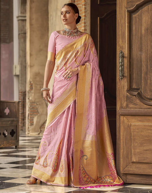 Baby Pink Silk Woven Banarasi Saree