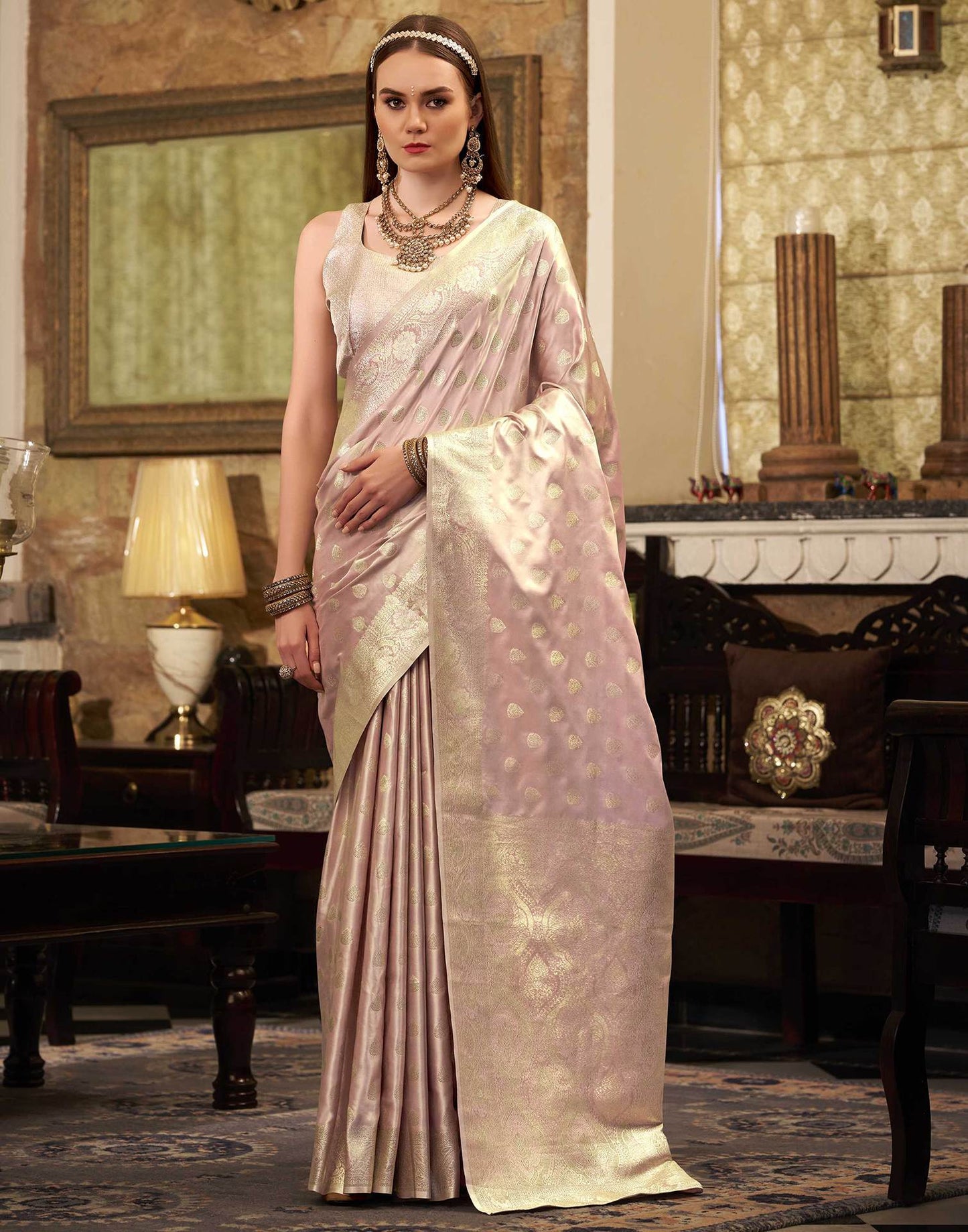 Baby Pink Silk Woven Banarasi Saree