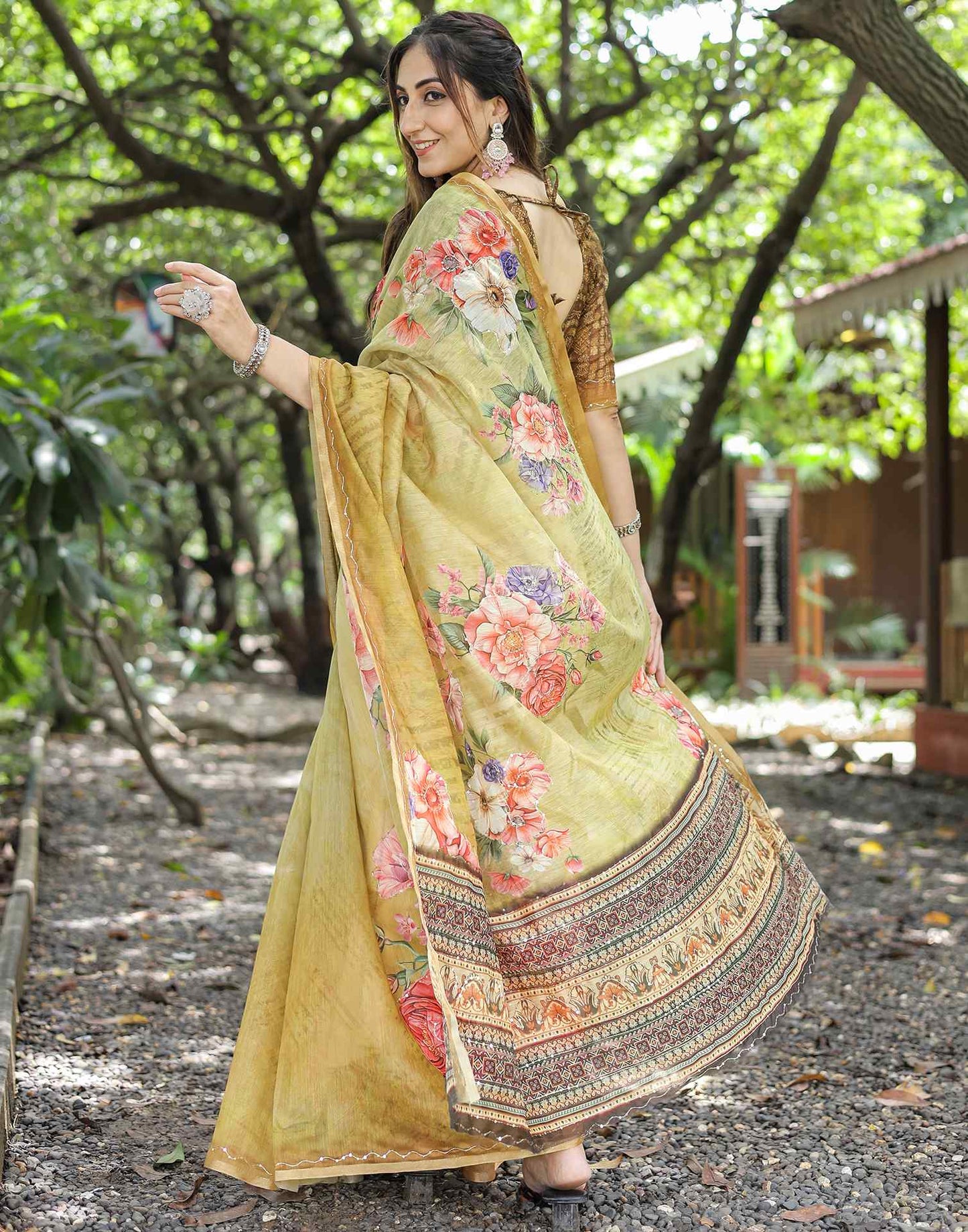 Beige  Cotton Floral Printed Saree