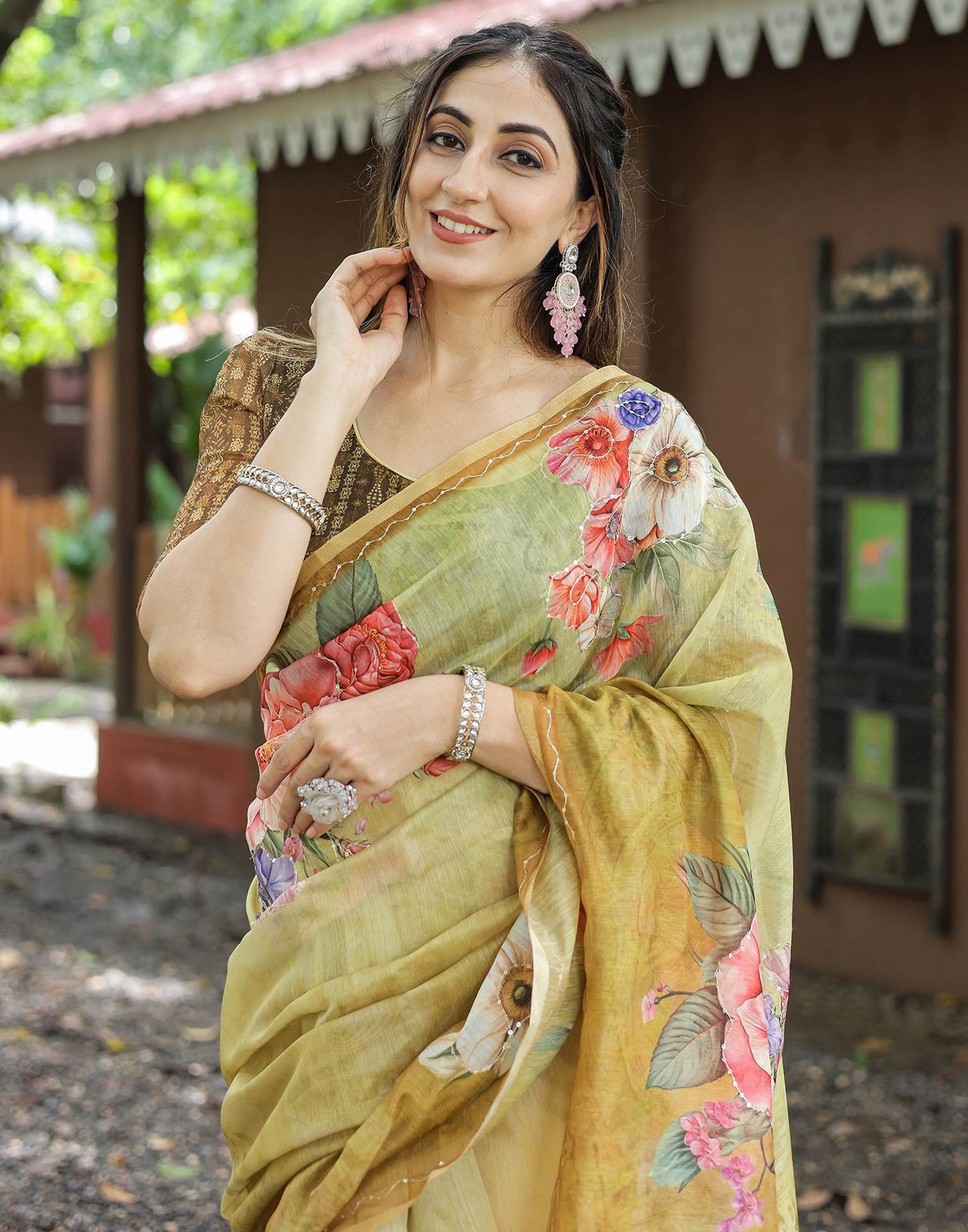 Beige  Cotton Floral Printed Saree
