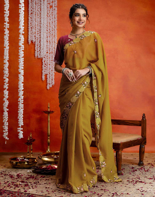 Yellow Shimmer Embroidery Saree