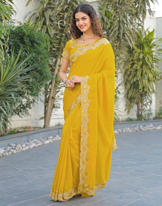 Yellow Vichitra Silk Embroidery Saree