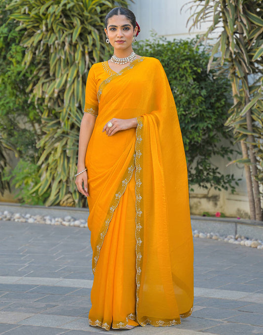 Yellow Satin Stone Work Embellished Saree