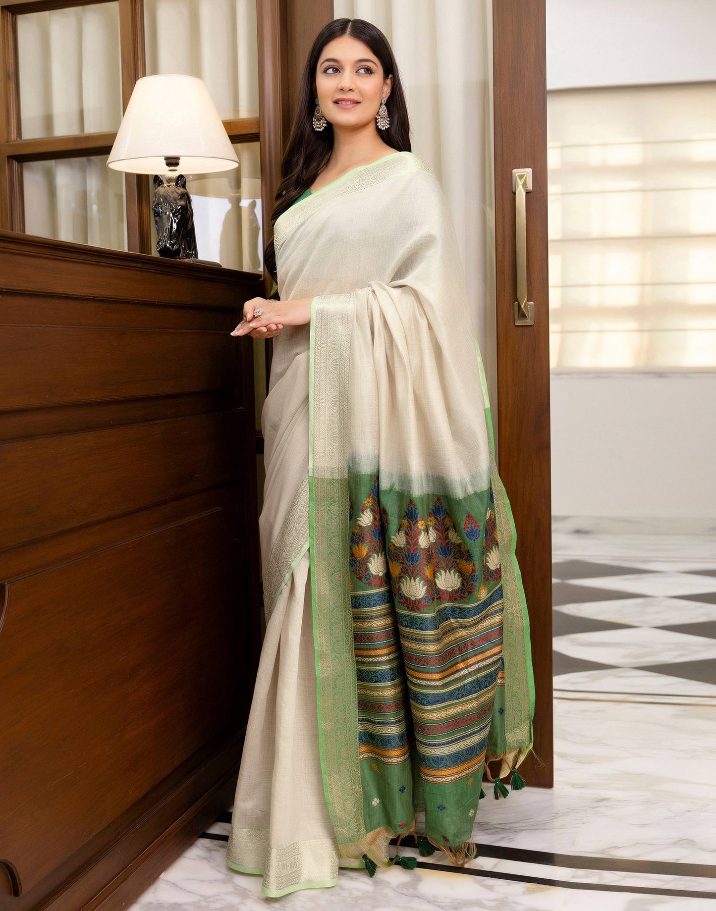 Beige Cotton Linen Woven Printed Saree