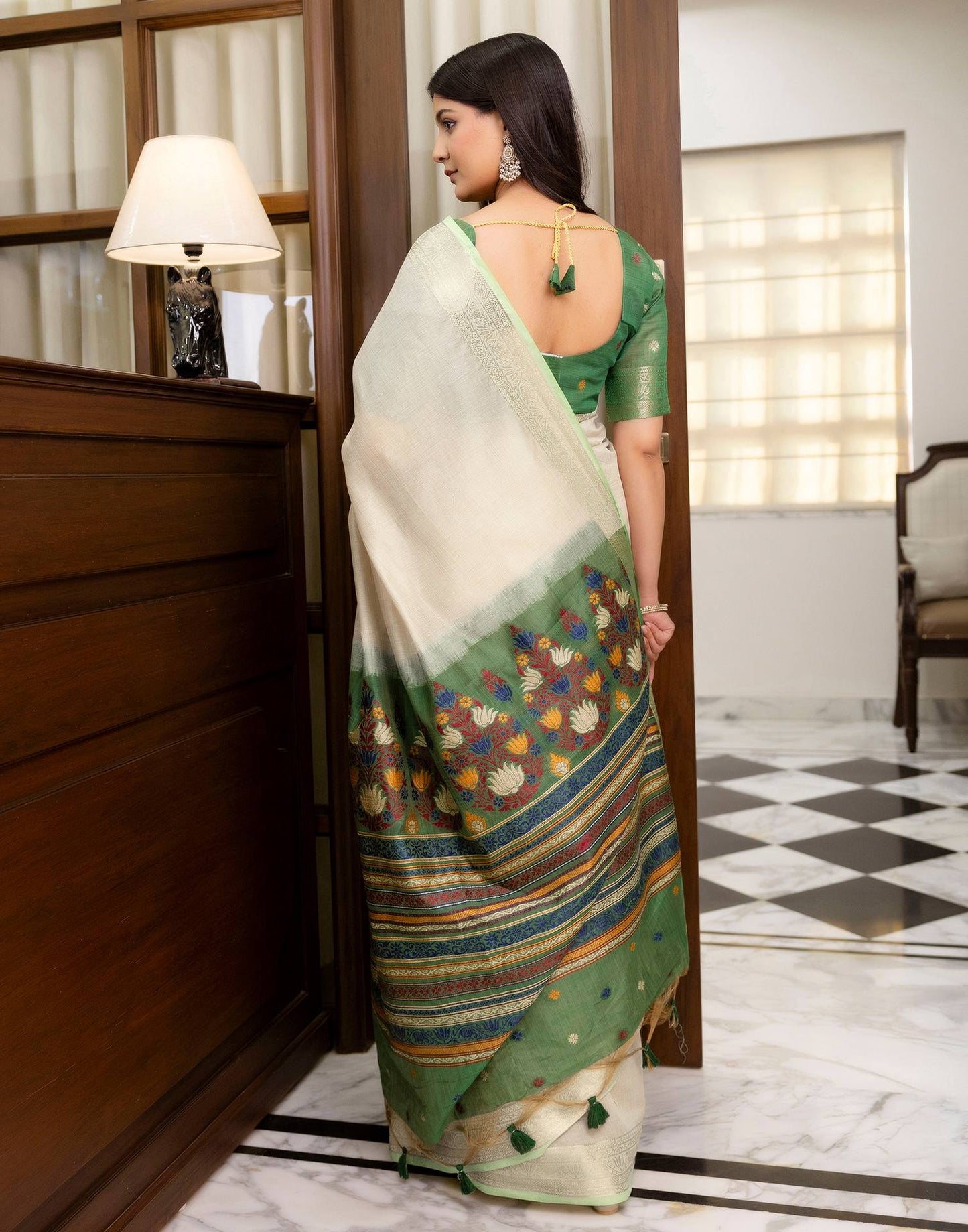 Beige Cotton Linen Woven Printed Saree
