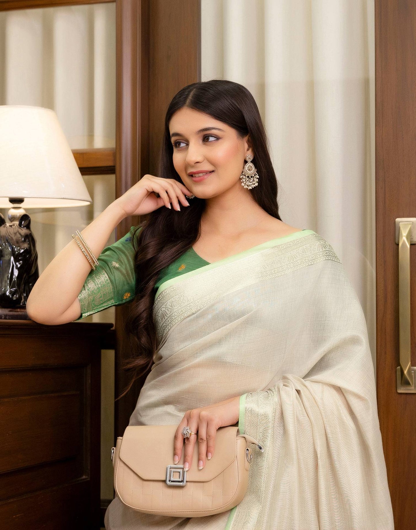 Beige Cotton Linen Woven Printed Saree