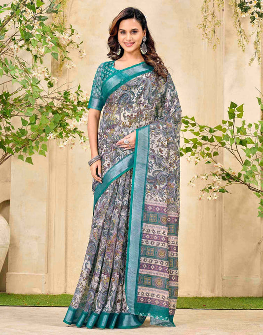 Beige Cotton Printed Saree