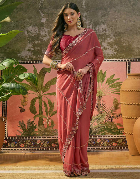 Dark Peach Shimmer Embroidery Saree