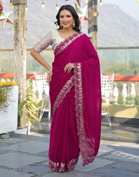 Rani Pink Shimmer Georgette Embroidery Saree