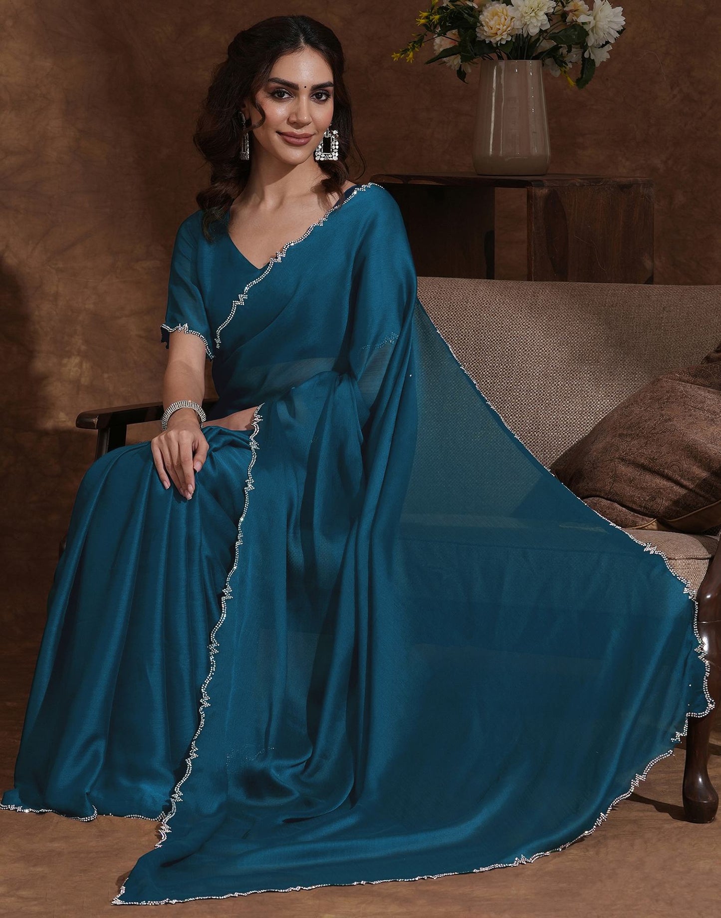 Rama Blue Chiffon Stone Work Swarovski Saree