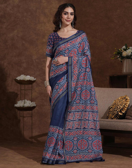 Blue Silk Printed Saree