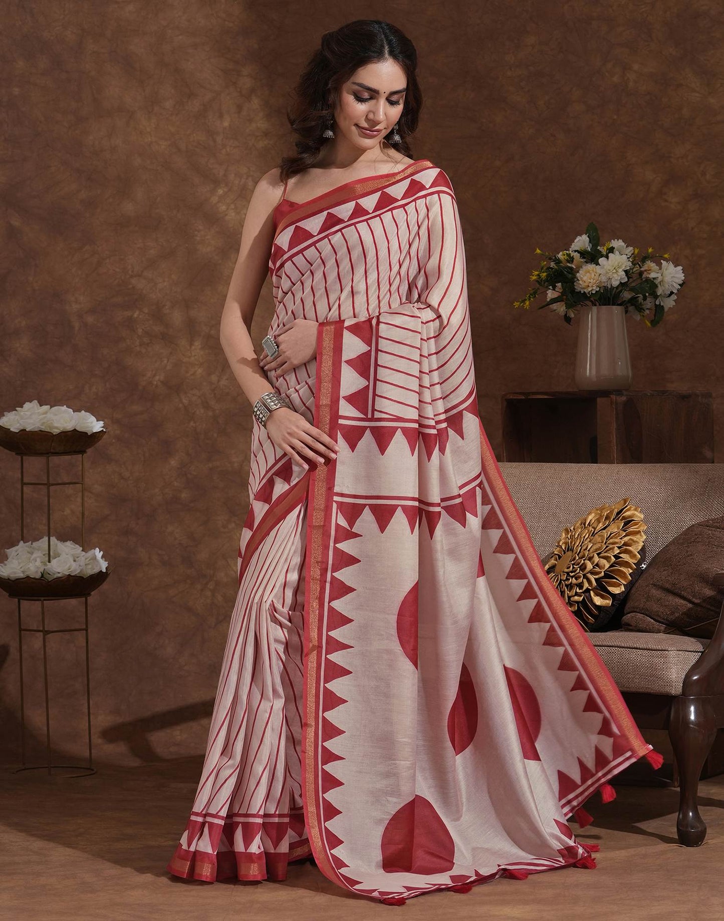 Dusty Peach Silk Printed Saree