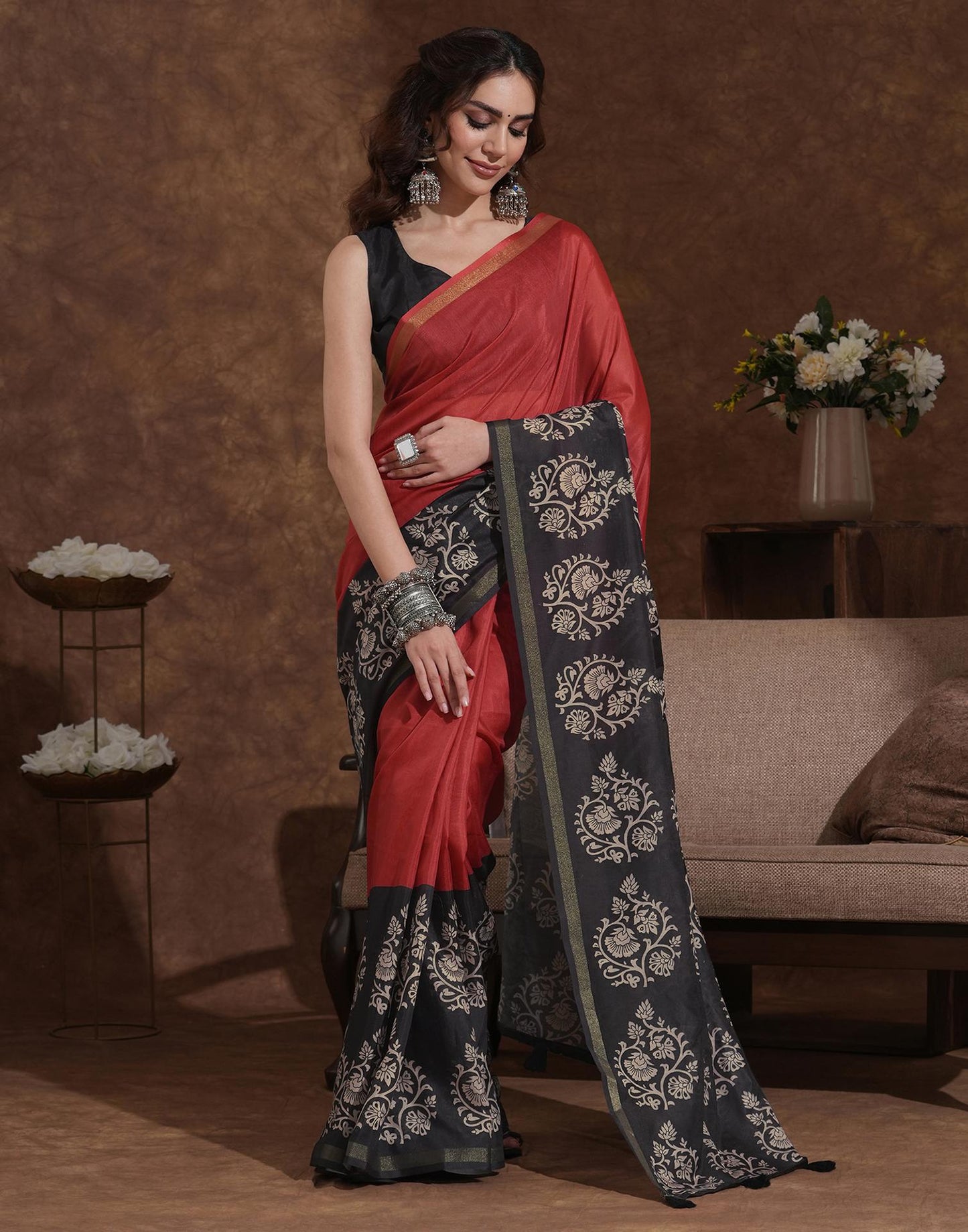 Orange Silk Printed Saree