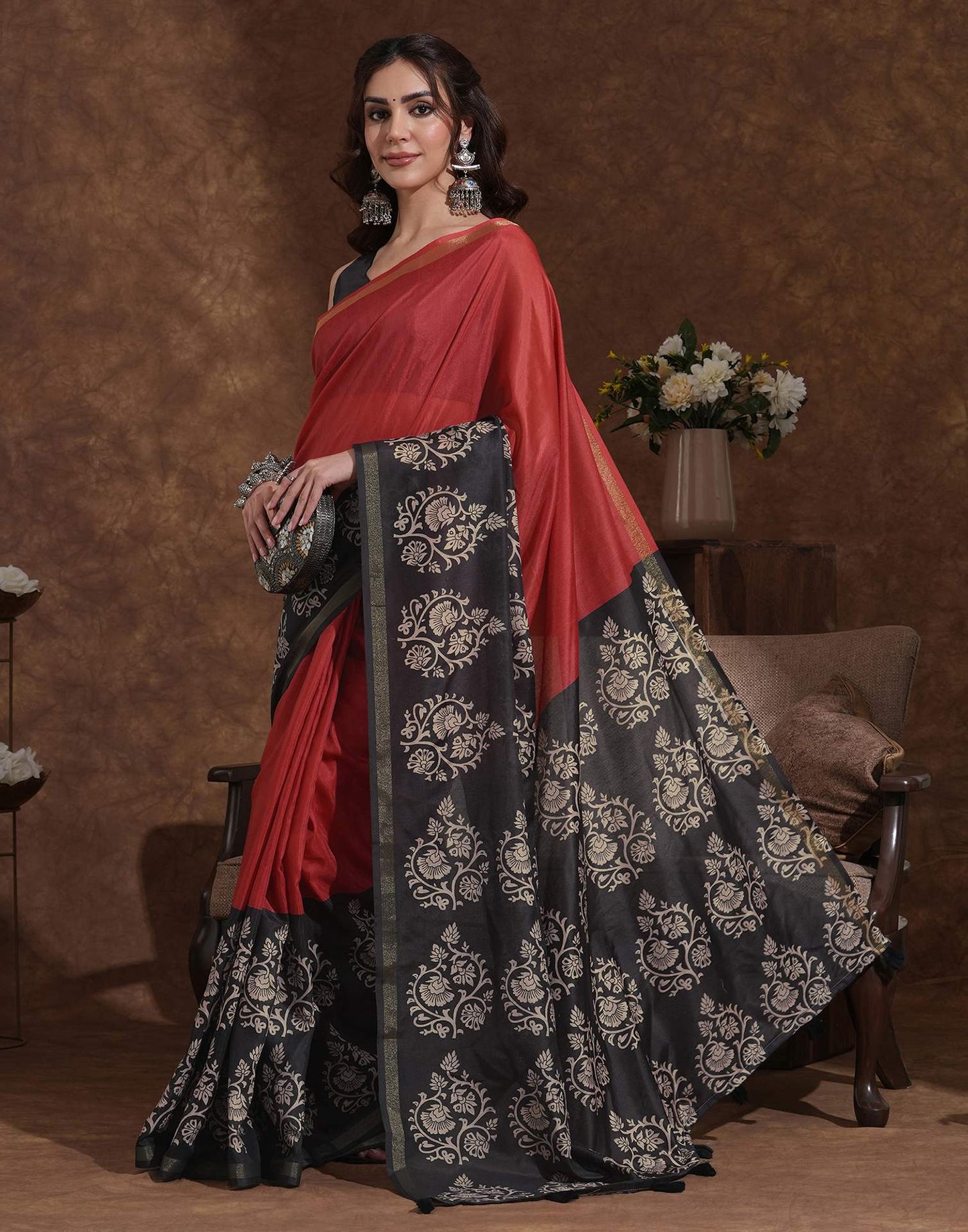 Orange Silk Printed Saree