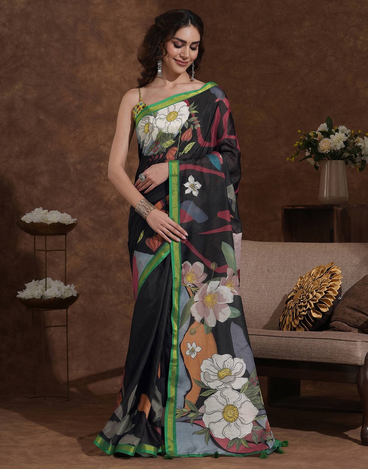 Black Silk Floral Printed Saree