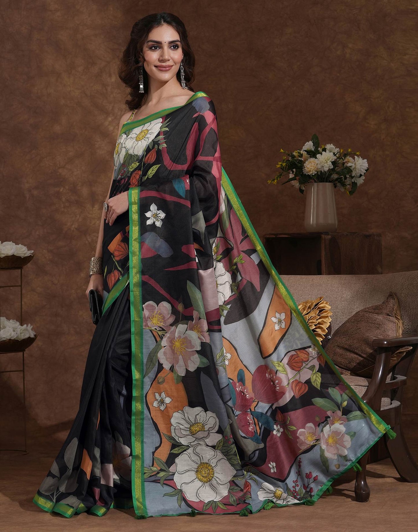 Black Silk Floral Printed Saree