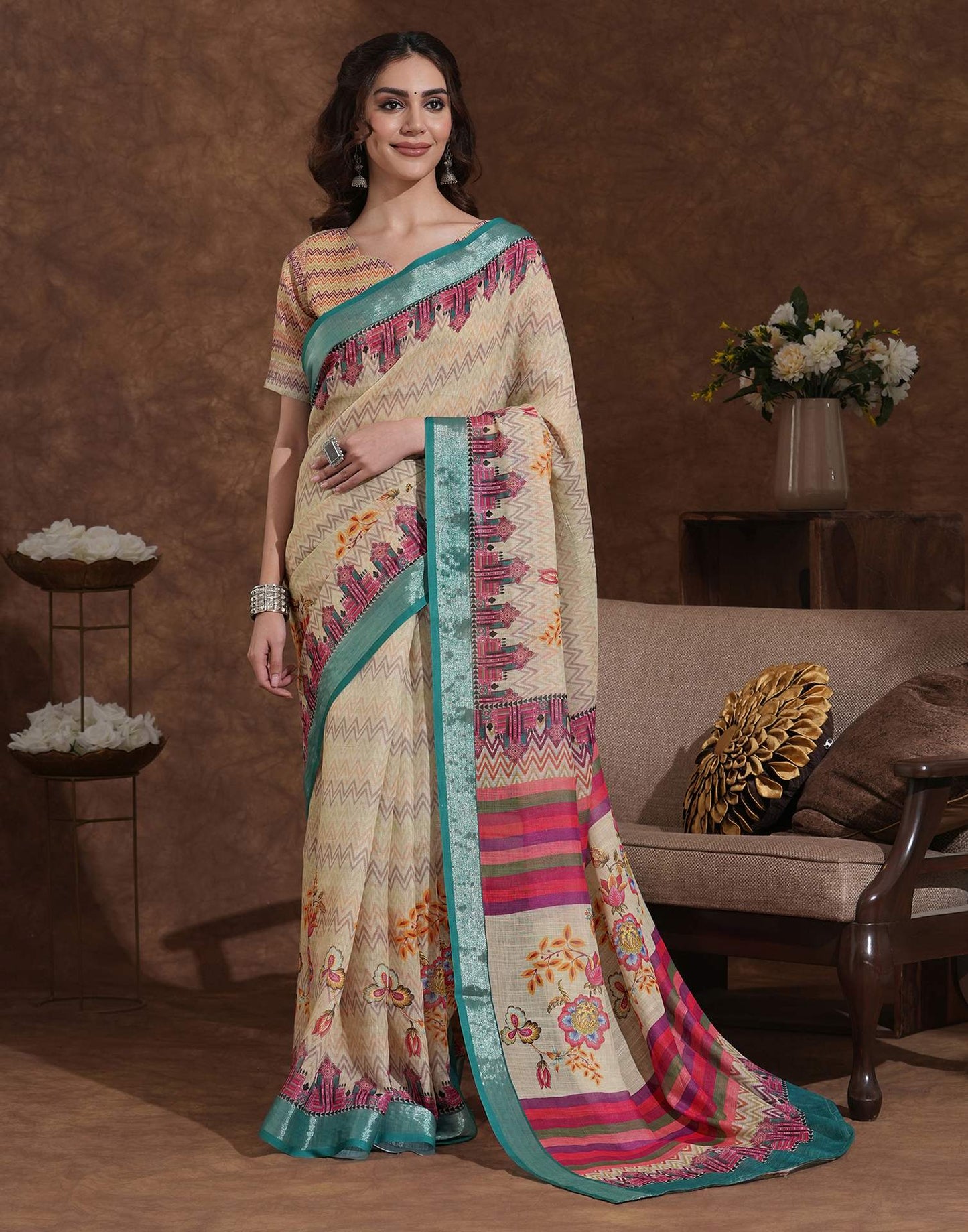 Dusty Beige Linen Woven Printed Saree